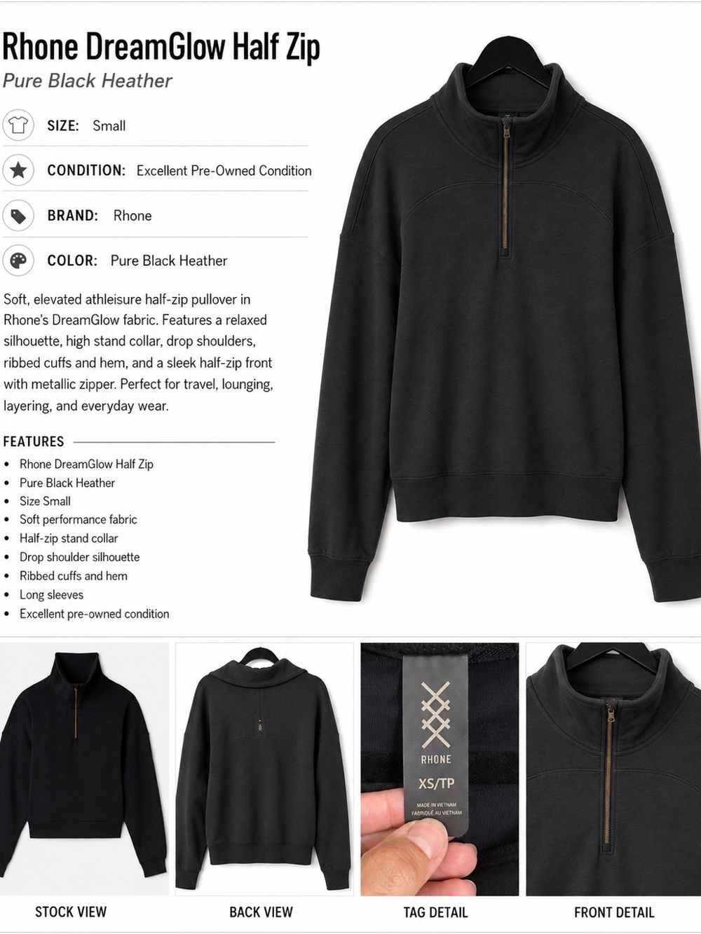RHONE DreamGlow Half-Zip Pullover Sweatshirt - Pure Black Heather